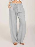 SHOPMOCHO-Women's Cotton Linen Pants Casual Loose Solid Elastic Waist Pocket Straight Trousers Ladies Oversize Wide Leg Pant Streetwear