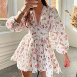 Shopmocho Women Floral Print Mini Dress High Waist A-Line Summer Autumn Long Sleeve V Neck Dresses Vintage Beach Vacation Casual Vestidos