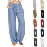 SHOPMOCHO-Women's Cotton Linen Pants Casual Loose Solid Elastic Waist Pocket Straight Trousers Ladies Oversize Wide Leg Pant Streetwear
