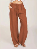 SHOPMOCHO-Women's Cotton Linen Pants Casual Loose Solid Elastic Waist Pocket Straight Trousers Ladies Oversize Wide Leg Pant Streetwear