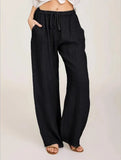 SHOPMOCHO-Women's Cotton Linen Pants Casual Loose Solid Elastic Waist Pocket Straight Trousers Ladies Oversize Wide Leg Pant Streetwear