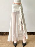 Shopmocho Rockmore Vacation Mesh See Through Long Skirts Sexy Summer Ruffle Split Pleated Wrap Skirt Elegant Fashion Women's Clothing 2025