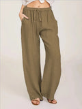 SHOPMOCHO-Women's Cotton Linen Pants Casual Loose Solid Elastic Waist Pocket Straight Trousers Ladies Oversize Wide Leg Pant Streetwear