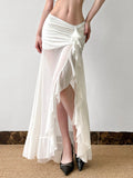 Shopmocho Rockmore Vacation Mesh See Through Long Skirts Sexy Summer Ruffle Split Pleated Wrap Skirt Elegant Fashion Women's Clothing 2025
