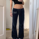 SHOPMOCHO--Rockmore Retro Rhinestone Flare Pants Velvet Drawstring Casual Trouser Streetwear Cute Bottoms Y2K Aesthetic 2000s Women's Pants