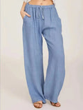 SHOPMOCHO-Women's Cotton Linen Pants Casual Loose Solid Elastic Waist Pocket Straight Trousers Ladies Oversize Wide Leg Pant Streetwear