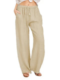 SHOPMOCHO-Women's Cotton Linen Pants Casual Loose Solid Elastic Waist Pocket Straight Trousers Ladies Oversize Wide Leg Pant Streetwear