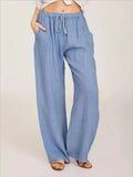 SHOPMOCHO-Women's Cotton Linen Pants Casual Loose Solid Elastic Waist Pocket Straight Trousers Ladies Oversize Wide Leg Pant Streetwear
