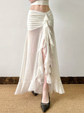 Shopmocho Rockmore Vacation Mesh See Through Long Skirts Sexy Summer Ruffle Split Pleated Wrap Skirt Elegant Fashion Women's Clothing 2025