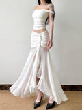 Shopmocho Rockmore Vacation Mesh See Through Long Skirts Sexy Summer Ruffle Split Pleated Wrap Skirt Elegant Fashion Women's Clothing 2025