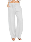 SHOPMOCHO-Women's Cotton Linen Pants Casual Loose Solid Elastic Waist Pocket Straight Trousers Ladies Oversize Wide Leg Pant Streetwear