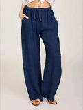 SHOPMOCHO-Women's Cotton Linen Pants Casual Loose Solid Elastic Waist Pocket Straight Trousers Ladies Oversize Wide Leg Pant Streetwear