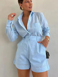 Shopmocho Women Long Sleeve 2 Pieces Sets Casual Simple Button Pockets Short Pant with Shirts Tops 2025 Summer Fashion Suit Female Outfits