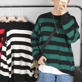 SHOPMOCHO Black Stripe Sweaters Destroyed Ripped Sweater Men Pullover Hole Knit Jumpers Men Oversized Sweatshirt Harajuku Long Sleeve Tops