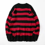 SHOPMOCHO Black Stripe Sweaters Destroyed Ripped Sweater Men Pullover Hole Knit Jumpers Men Oversized Sweatshirt Harajuku Long Sleeve Tops