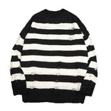 SHOPMOCHO Black Stripe Sweaters Destroyed Ripped Sweater Men Pullover Hole Knit Jumpers Men Oversized Sweatshirt Harajuku Long Sleeve Tops