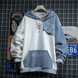 Shopmocho Japanese Style Spring Autumn Men Hoodie Hooded Cute Cat Print Patchwork Teen Hoodies Fashion Anime Harajuku Male Sweatshirt