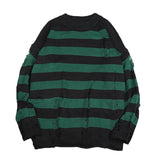 SHOPMOCHO Black Stripe Sweaters Destroyed Ripped Sweater Men Pullover Hole Knit Jumpers Men Oversized Sweatshirt Harajuku Long Sleeve Tops