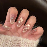 SHOPMOCHO 24Pcs Mid-length Almond Ballet False Nails Simple Cat Eye Design Press on Fake Nail Wearable Full Cover Nail Tips Manicure Tools