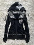 SHOPMOCHO Y2k Harajuku Retro Leopard Black Sportswear Hip Hop Slim Fit Spicy Girl Retro Multi Functional Hoodie Gothic Punk Zipper Hoodie