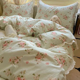 SHOPMOCHO Washed Cotton Duvet Cover Sets Single/Queen/king Flower Printed Bedding Set Princess Style e housse de couette 220x240 with Lace