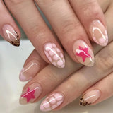Shopmocho Pink Yellow Halo Dyeing Flower Water Ripple Summer False Nails Leopard Long Pointed Fake Nails Art Press on Nails Charm Manicure