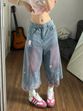 SHOPMOCHO Women High Waist Cute Cartoon Cat Embroidery Jeans Girls Vintage Y2k Clothes Calf Length Denim Pants Harajuku Blue Streetwear