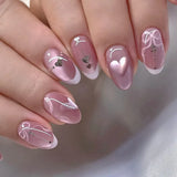 Shopmocho 24Pcs Blue Almond Press on Nails with 3D Pearl Design Mid-length Oval False Nails Tips Bow Pattern Wearable Fake Nail for Women