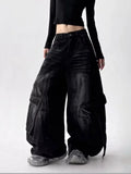 SHOPMOCHO 2025 American Retro Y2K Style Washed Distressed Blue Baggy Women's Cargo Jeans Pants For Woman Clothing Wide Leg Denim Trousers