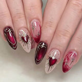 SHOPMOCHO 24pcs Golden Lines Patterns False Nails Dark Purple Blush French Fake Nails for Spice Girls Sweet Cool Almond Ins Nails Press On