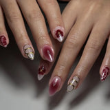 SHOPMOCHO 24Pcs Short Almond Fake Nails Butterfly Wings Nail Art with Glue Glitter Flower False Nails Acrylic Autumn Winter Press on Nail