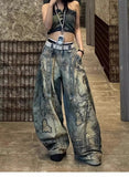 SHOPMOCHO American Retro Washed Denim Jeans washing old hand-painted graffiti printed jeans Fashion Loose Casual Wide Leg Jeans