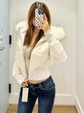 SHOPMOCHO American Retro Pink Fur Collar Hooded Short Cotton Coat Fashion High Street Fur Collar Hooded Cotton Coat Winter Jacket Women