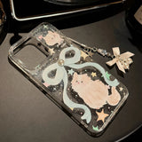 Shopmocho Cartoon Cat Case for iPhone 11 12 13 14 Plus 15 Pro MAXS Pearl Phone Case Shiny Bow Lanyard Shockproof Bumper Cover