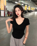 SHOPMOCHO Sexy V-neck Short Sleeve T-shirts for Women Summer New Tees Top Black White Basic Tshirt Y2K Korean Style Women's Clothes 2026