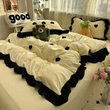 SHOPMOCHO Ins Pink Bow Bedding Set Ruffles Duvet Cover Set Flat Sheet Set Women Girls Princess Bed Linen Set Single Twin Queen Bedclothes