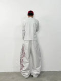 SHOPMOCHO Unisex White Red Tribal Flame Print Loose Wide Leg Jeans Y2K Grunge Streetwear Oversized Denim Pants
