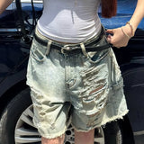 SHOPMOCHO SUCHCUTE Fashion Women Ripped Raw Hem Retro Jeans Shorts  Summer Five-Pocket Denim Shorts Chic Straight Legged Pants Streetwear
