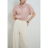 Shopmocho Miyake Pleated Cardigan Single Breasted Short Sleeve Polo Shirt Women Spring Summer Korean Fashion Causal Comfortable Clothing