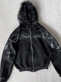 Shopmocho Winter Fashion Streetwear Women's Gothic Punk Faux Fur Hooded Jacket With Cross Print Trendy Edgy Zip - Up Sweatshirt 2025 New