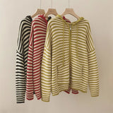 Shopmocho Oversized Knitted Striped Hooded Cardigan Women Autumn Winter Loose Casual Zipper Sweaters Versatile Knitting Outerwear