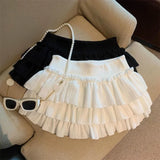SHOPMOCHO Sweet Puffy Cake Women Skirts Korean Fashion Ruched Ruffle Mini Skirt Campus Harajuku Casual Versatile Elastic Waist Solid Skirt