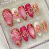 SHOPMOCHO 24PCS Simple Ins Dark Pink Blush 3D Flower Almond False Nails with Glue Leopard Print French Spice Girls Fake Nail Tips Press On
