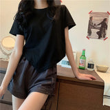 SHOPMOCHO Slit Bandage V Neck Sexy Crop Top Women Korean Casual Summer New Short Sleeve T-shirt Y2K Streetwear Trendy Top for Women