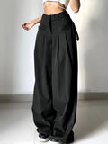 SHOPMOCHO Women's Black High Waist Wide Leg Suit Pants Pleated Front Side Tie Detail Loose Fit Casual Streetwear Spring Summer Trousers