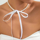 SHOPMOCHO Exquisite Imitation Pearl Choker Necklace Fashionable Bow Tie Lace Up Velalvet Necklace Personality Simple Jewelry For Woman