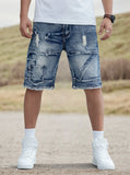 SHOPMOCHO Men's Casual Spring/Summer Denim Shorts - Distressed Denim Shorts with Frayed Edges and Patchwork Details, Fashionable Street-St
