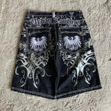 SHOPMOCHONew Streetwear American Denim Shorts Mens Womens Hip Hop Embroidery Printed Loose Shorts Gothic Retro Casual Basketball Shorts