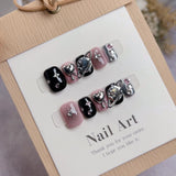 SHOPMOCHO 10Pcs Cute Handmade Press on Nails Short Korean Fake Nails with 3D Star Moon Nail Art Rhinestone Heart Artifical False Nails Art