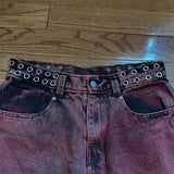 Shopmocho Y2K Casual Loose Jeans Vintage Letter Print Rivet Waist Belt Design Red High Waist Wide Leg Jeans Men Women Hip Hop Streetwear
